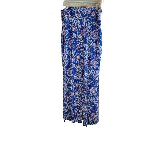 Coolibar Rio Palazzo Pant Size L Blue Print Wide Leg Stretch Beach Travel Cruise - Picture 3 of 8