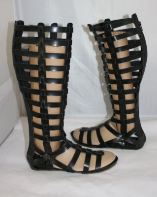 MIA Black Glitterati Gladiator Flat Sandals Zip Back Close Knee-High Shoes | 9