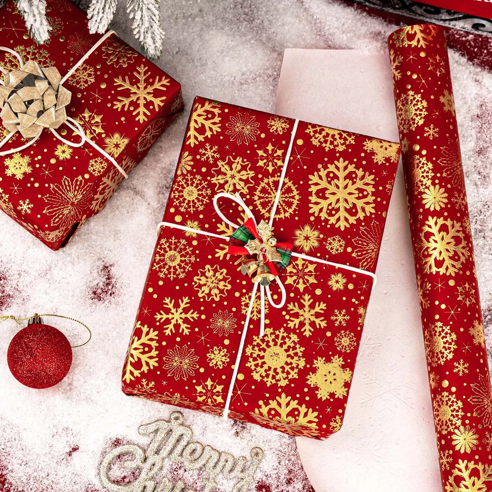Red Gold Snowflake Wrapping Paper Roll Luxury Metallic Foil 17x33 Ft Christmas - Image 2 of 4