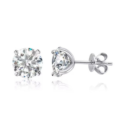 Silver Metal Round Moissanite Stud Earrings, Prong, Butterfly