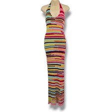 Fashion Nova Womens Small Multi Color Striped Halter Knit Maxi Dress Open Back