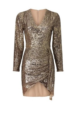 Dress The Population Alida Gold Sequin V-Neck Long Sleeve Mini Dress Small