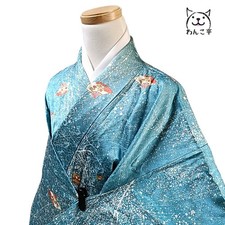 Wankotei Kimono Blue Green Synthetic Washable Elegant Pattern Used Japan