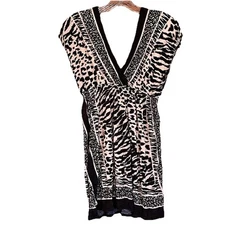 ONE CLOTHING DEEP VNECK DRESS Medium beach coverup ANIMAL PRINT black Tan Resort