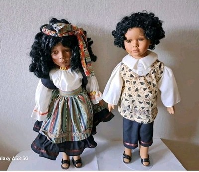 2x Alberon Porzellanpuppen 50cm dunkelhäutig schwarz Pärchen Mädchen Junge
