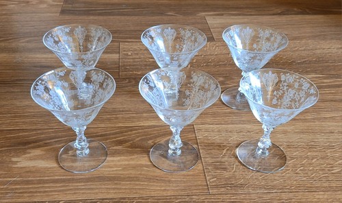6er Set Vintage Cambridge Rose Point 4-3/4" geätzte Kristall Sektgläser
