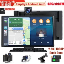 Wireless 9"2.5K DashCam Car Stereo Radio Apple Carplay&Android Auto+1080P Camera