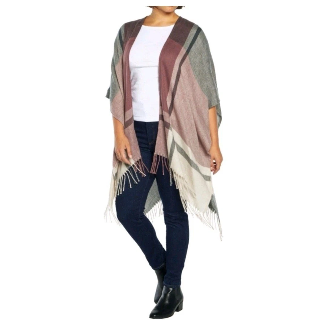 NWT Three Dots Shawl Poncho One Size Gray/Pink Cashmere Wool Blend Super Soft