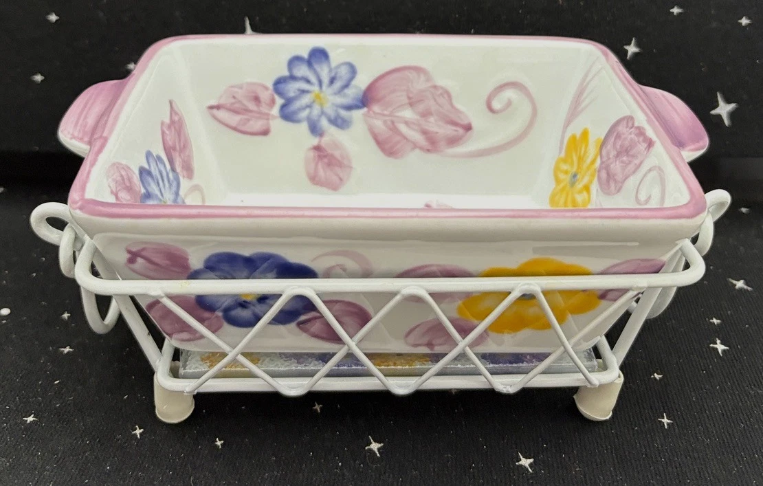 Temptations Bakeware Pansies Pattern Loaf Pan w/Trivet & Rack Ceramic 6"x4"