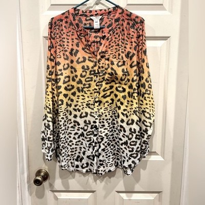 Multiples Women Leopard Ombre Gradient Button Down Long Sleeve Shirt Top Size L