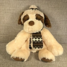 HugFun International Brown & Beige Super Soft Plush Dog w/Winter Hat & Scarf 12"