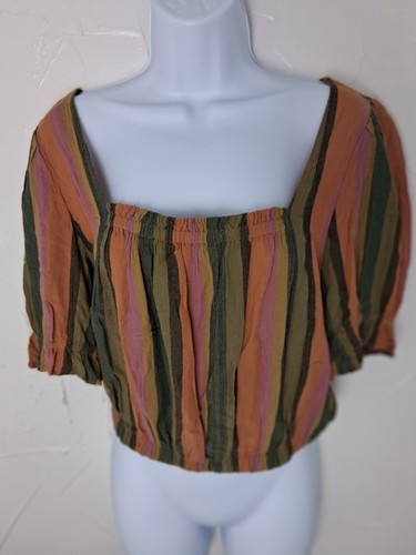 American Eagle Striped Crop Top Size Small Peasant Milkmaid Regency Square Neck - Picture 2 of 9