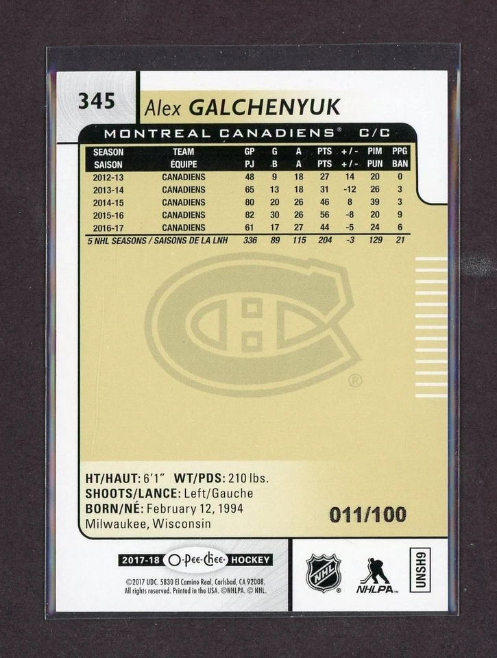 2017-18 O-Pee-Chee Rainbow Black #345 Alex Galchenyuk 011/100 - Image 2 of 2