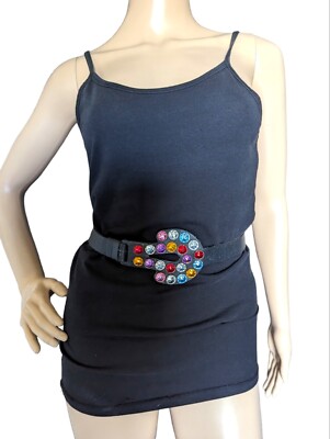Vintage 80s Black Leather Belt Colorful Rhinestone Buckle  display picture 3