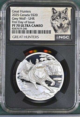 1 oz Silver Coin 2025 Canada Great Hunters Grey Wolf UHR NGC PF 70 UCAM FDOI - 第 1/3 張圖片