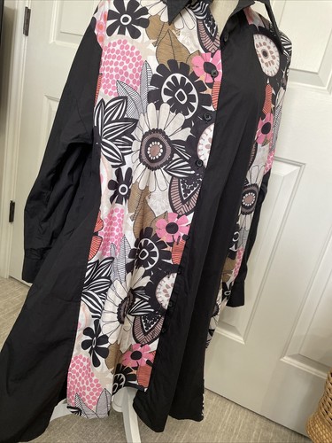 Floral Asymmetrical Hem Top or Button Up Dress Mod Black Pink White - Picture 3 of 24