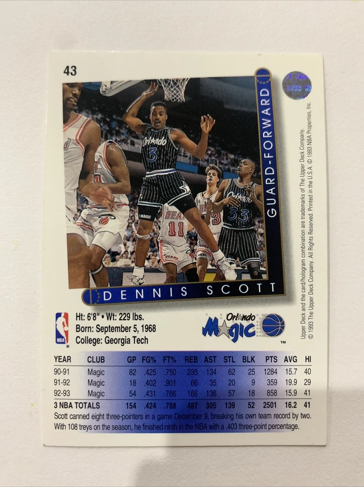 Tarjeta coleccionable de baloncesto de la NBA Dennis Scott 1993-94 Upper Deck #43 Foto 2 de 3