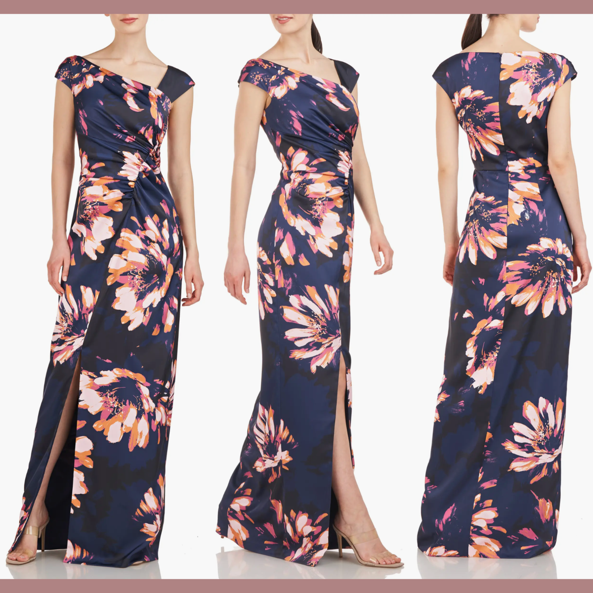 NWT $318 Kay Unger 10 Wafa Floral Column Gown in Dark Midnight