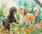 Shih Tzu and Abyssinian cat playing in a garden watercol 8x10 Print