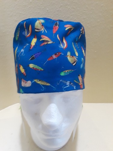Fishing Lures Blue Men's Skull/Chemo Surgical Scrub Hat/Cap Handmade - Picture 4 of 7