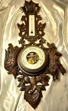 Antique French Oak Wood Black Forest Barometer Hand Carved Wall Weather Station