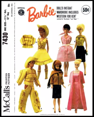 McCall's 7430 Doll Pattern WESTERN BARBIE Fashion Gina Babs Tammy