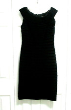 Adrianna Papell Black Cocktail Dress sz 10 Rosette Neckline Stretch Sheath 