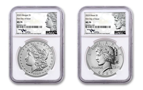 2023 $1 Morgan & Peace Dollar 2 Coin Set NGC MS70 First Day of Issue Mercanti