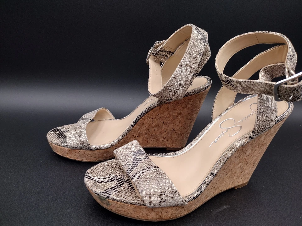 Jessica Simpson Jateen 8.5M Wedge Sandals Faux Snakeskin 4” Heels Cork Platform Foto 2 de 4