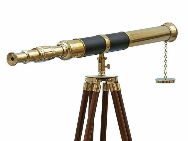 Vintage Brass Telescope On Wooden Tripod Maritime Nautical 60" Tall Gift Vintage Brass Telescope On Wooden Tripod Maritime Nautical 60" Tall Gift