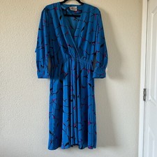 On The Rocks Vtg Dress Fit Sz Medium Blue Pink 3/4 Sleeves Cross Front Chest