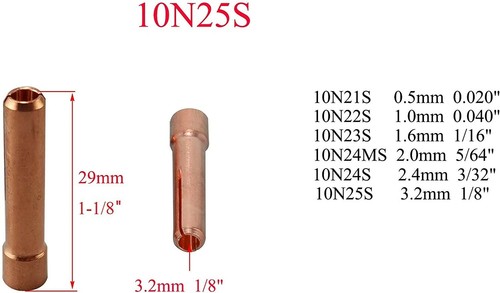 TIG Stubby Collet 10N25S (1/8" & 3.2mm Orifice) For PTA DB SR WP 17 18 26 10pk - Picture 2 of 9