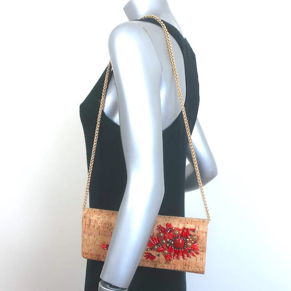 Bolsa de ombro pequena Oscar de la Renta cortiça metálica com miçangas alça corrente - Imagem 2 de 4