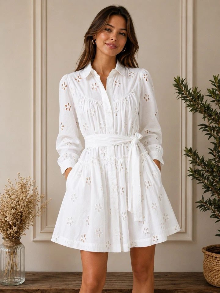 Karen Millen White Cotton Broderie Shirt Dress With Belt Sz 12 - Image 1 of 4