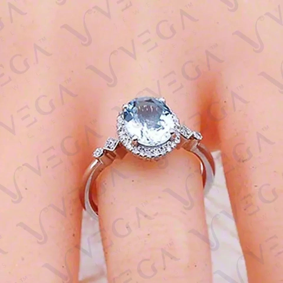 4.50Ct Oval Shape Natural Aquamarine and Diamond Halo Ring 950PT Platinum Plated - Image 4 of 4