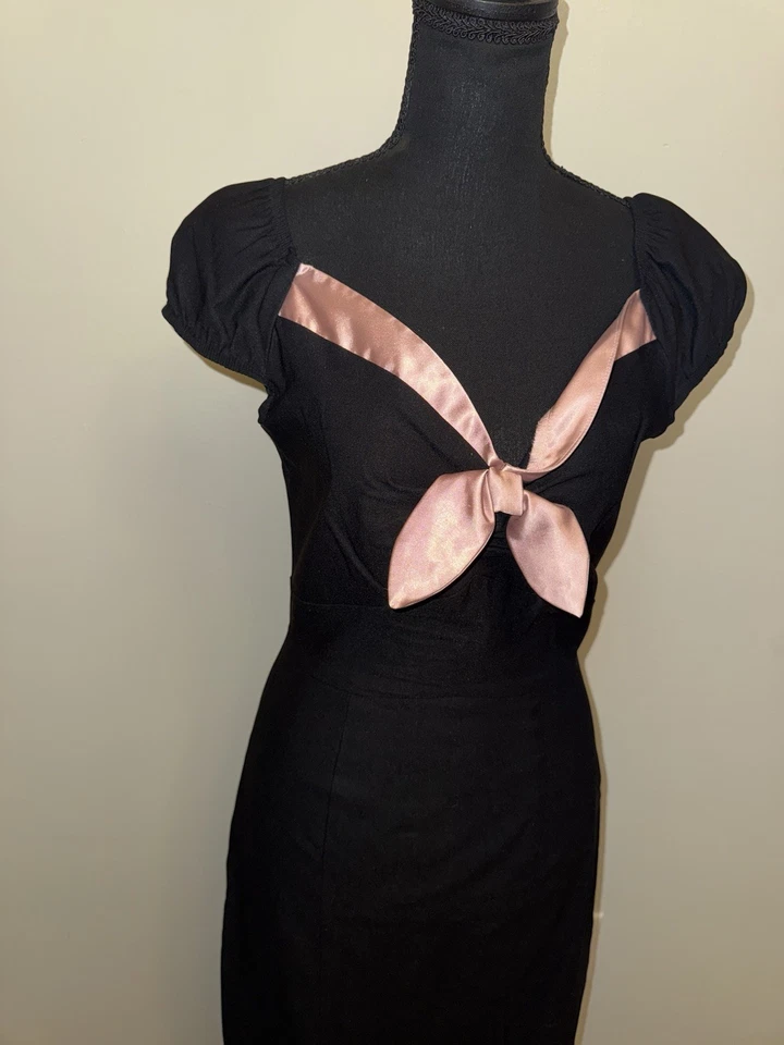 Stop Staring Dress LARGE Black Pink Rockabilly Pin Up Stretch Made USA Maxi Bow - Image 2 of 4