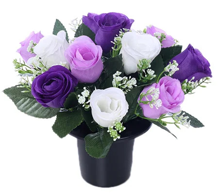 Cemetery Pot with Artificial Rosebud Flowers - Purple / Lilac