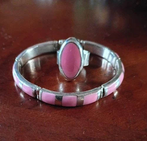 Vintage Mexican Sterling Silver Pink Enamel Ring Size 7 & Bracelet 7.5 ~ Pretty