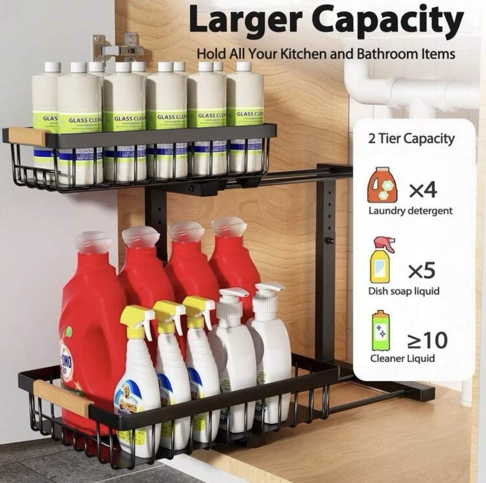 Under Sink Organizer Storage 2 Pack, 2 Tier Slide Out Height Adjustable Pull Out - Image 2 of 4