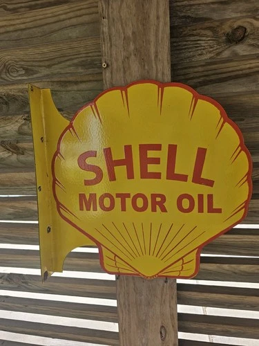 LARGE VINTAGE YELLOW SHELL GASOLINE  DOUBLE-SIDED  PORCELAIN FLANGE SIGN 17"