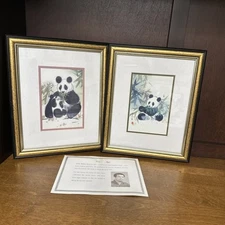 2 Lee Ngo Chinese watercolor prints panda bears signed Limited Edition Framed