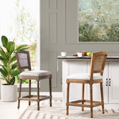 Triomphe Rattan Wicker High Back Armless Counter Bar Stool, White Pepper Stain
