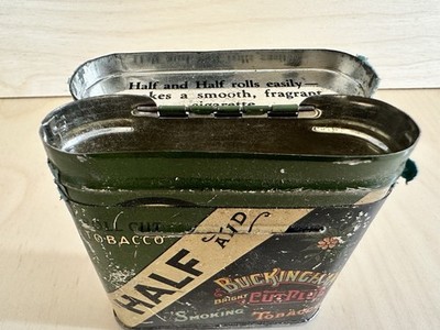 plug of half smoked tobacco Antique Buckingham Half & Half Cut Plug Tobacco Tin Green Litho Advertising