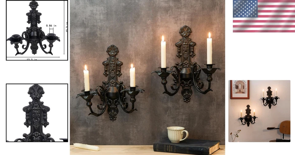 Apliques de velas rústicos de hierro negro - Juego de 2 para elegancia de salón o dormitorio Foto 2 de 4