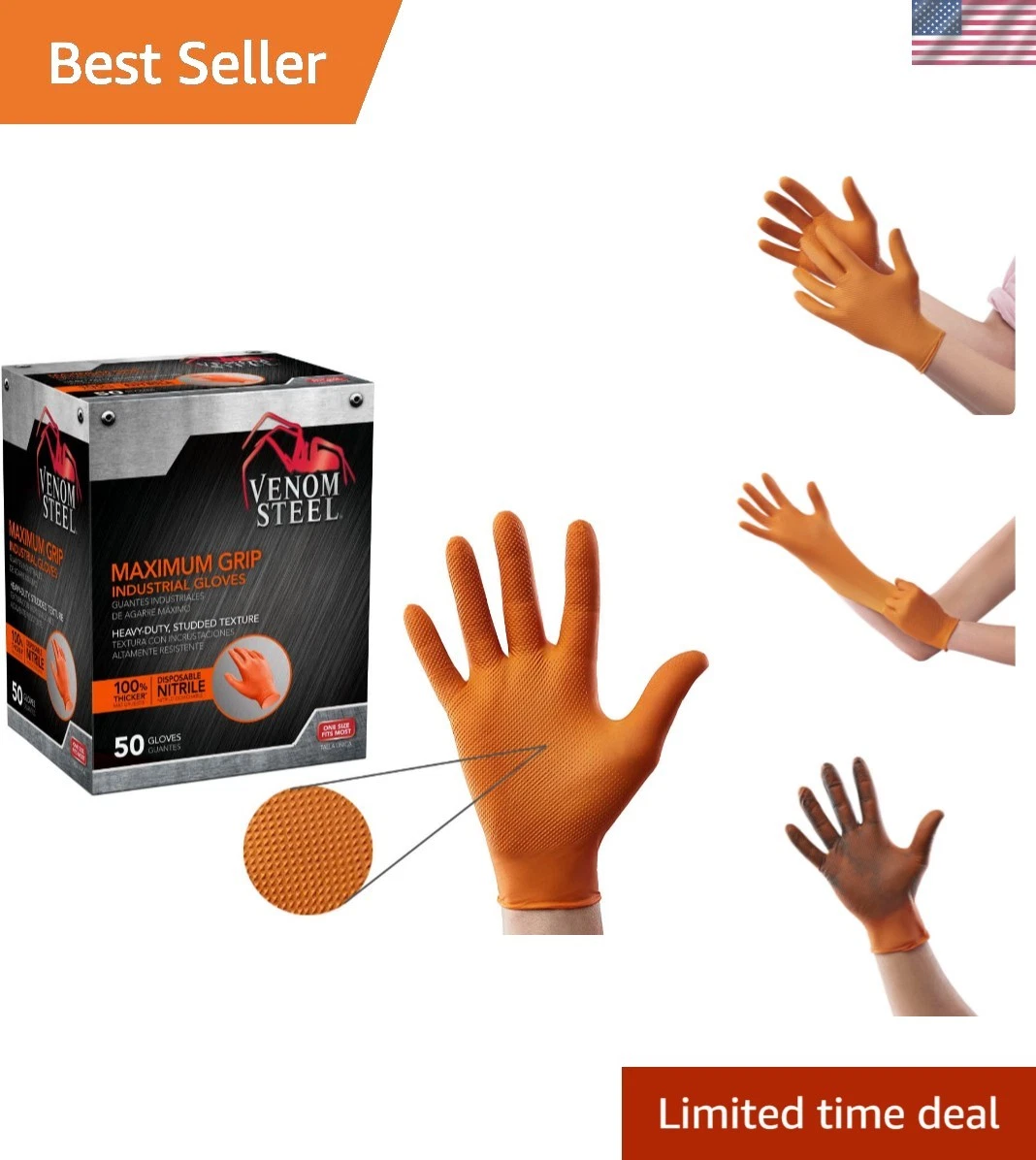 Orange Nitrile Gloves, 8 mil Thick, 50 Count, Maximum Grip Textured Disposabl...