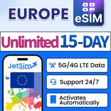 Europe eSIM (15 Days), Unlimited High-Speed Data, JetSim Travel 33 EU Countries