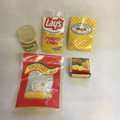 5 Vintage Dollhouse Mini Food Packages Cheese Pickle Corn Potato Chips Potato