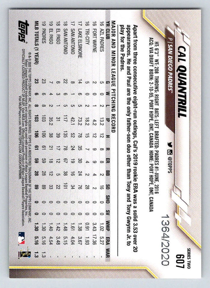 2020 Topps Gold #607 Cal Quantrill 2020 (ref 184864) - Image 2 of 2