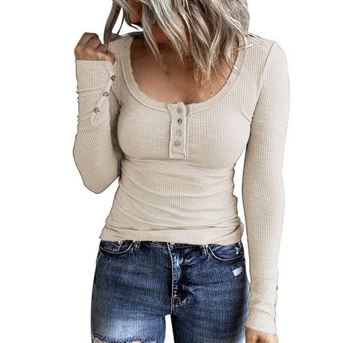 Women Long Sleeves T-shirt Ladies Button V-Neck Shirts Casual T-shirt - Picture 33 of 38