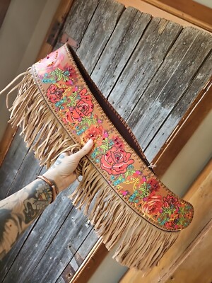 Rodeo Quincy Roses and Fringe Leather belt QC-101 RODEO BELT BLACK RED ROSES | Genuine Leather Cowboy  main image 2